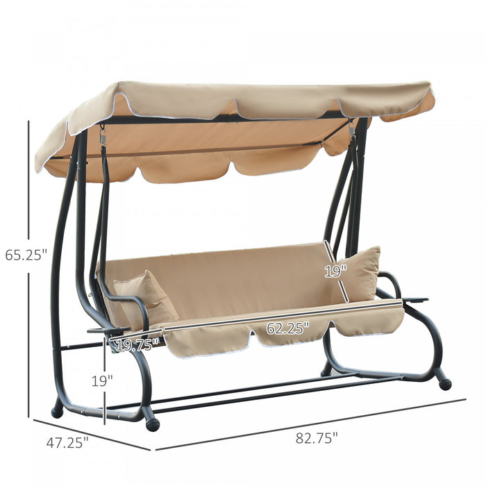 Outsunny 3-seat Outdoor Patio Swing Chair, Converting Flat Bed, Canopy Swing With Adjustable Shade, Removable Cushions, Cup Holder, Beige