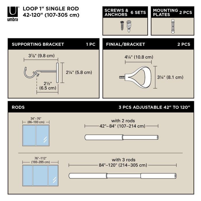 Umbra Loop Matte Black Expandable 1\" Curtain Rod - 42\"-120\" 