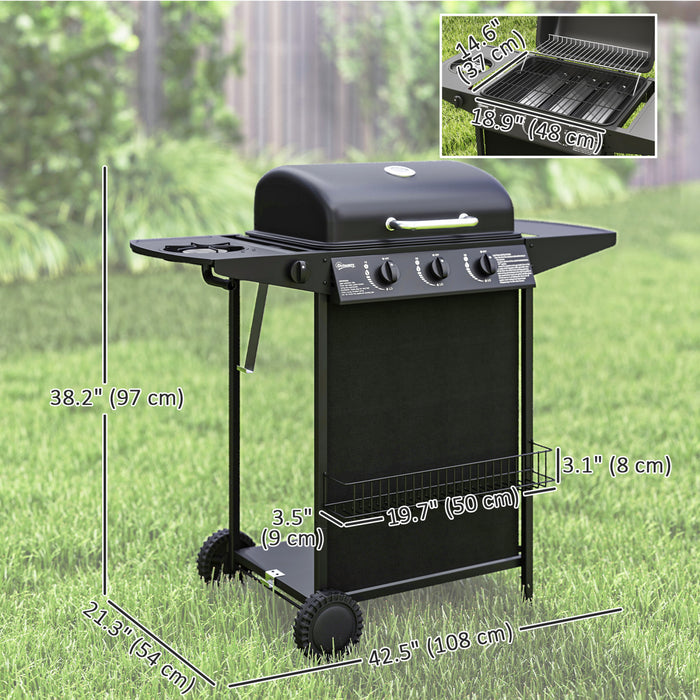 Outsunny 3+1 Burner Propane Gas BBQ Grill with Thermometer, Portable Gas Barbecue Grill, Side Burner, Lid, Side Table, Shelf, Spice Rack, Wheels, Grease Cup for Garden, Black