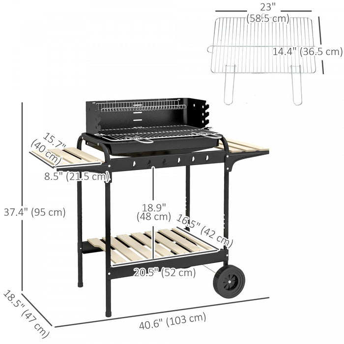 Outsunny Portable Outdoor Charcoal BBQ Grill with Adjustable Grill Height, Barbecue Trolley with Ash Catcher and Wheels for Outdoor Garden Party Cooking, Black