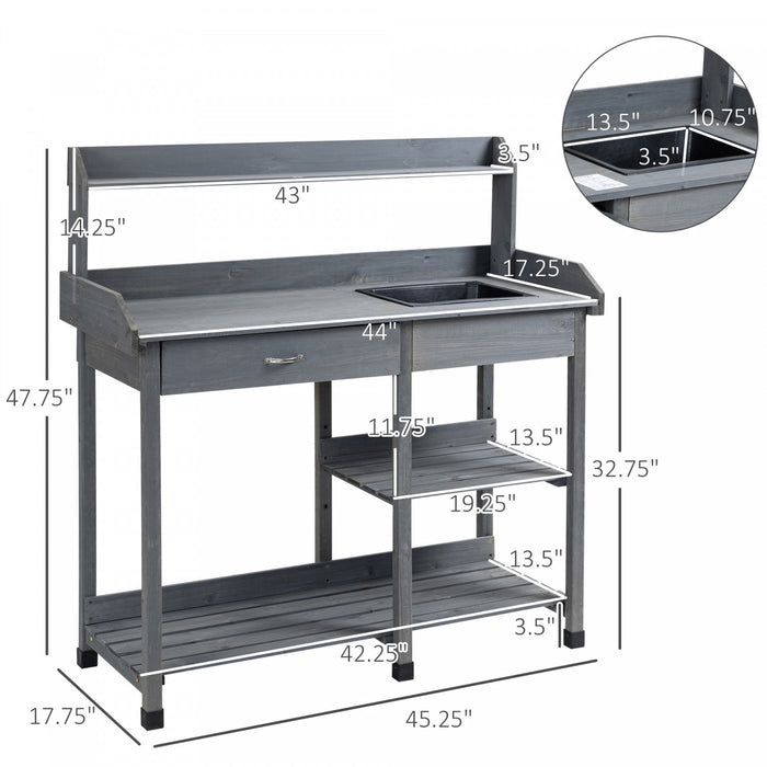 Outsunny Potting Bench Table Garden Work Bench Workstation With Drawer, Removable Sink, Storage Shelves And Hooks For Patio, Courtyards, Balcony