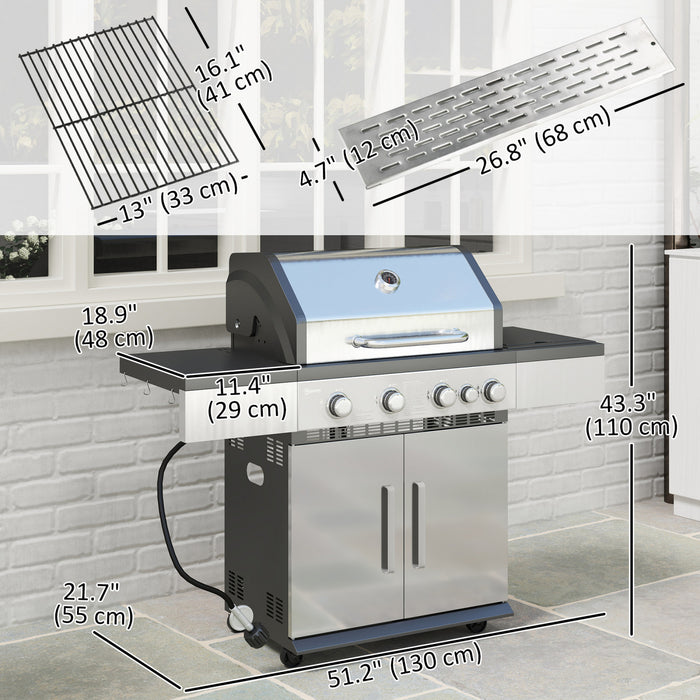 Outsunny 4+1 Burner Liquid Propane Gas Grill Outdoor Portable BBQ with Side Burner, Warming Rack, Storage Cabinet, Side Shelf, Thermometer, Tank Holder, 4 Wheels, Silver