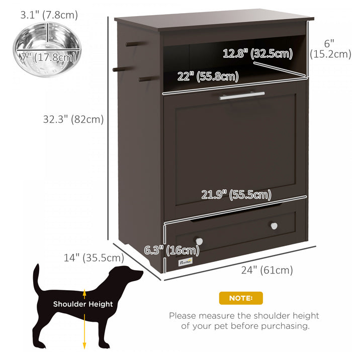 Pawhut Pet Feeder Station Storage Cabinet, Dog Food Storage Container With Dog Raised Bowls And Hanger For Feeding & Watering Supplies, Coffee