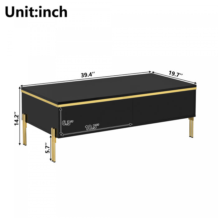 Lustra 39.4 Inch Modern High-Gloss Coffee Table with Dual Drawers and Gold Accents, Black