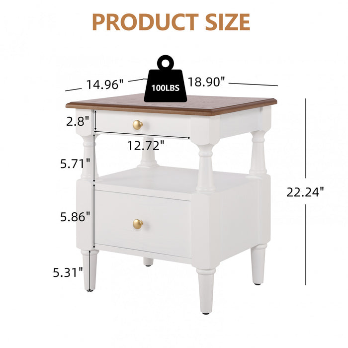 Aspen Nightstand Set of 2 with Drawers and Open Shelves, Milk White