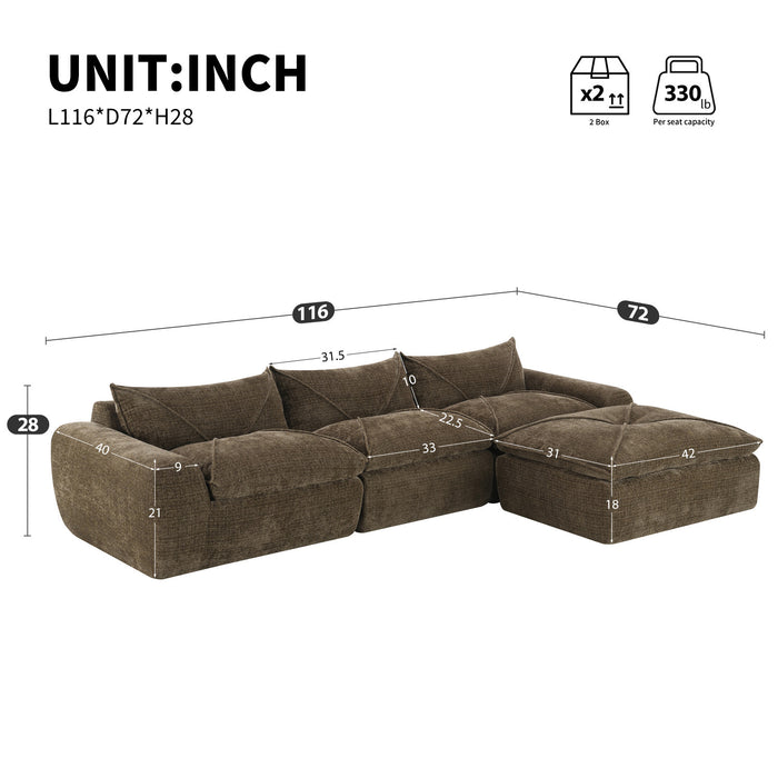 Cloud 116 Inch Modular Sectional Sofa with Ottoman and Legless Design, Brown
