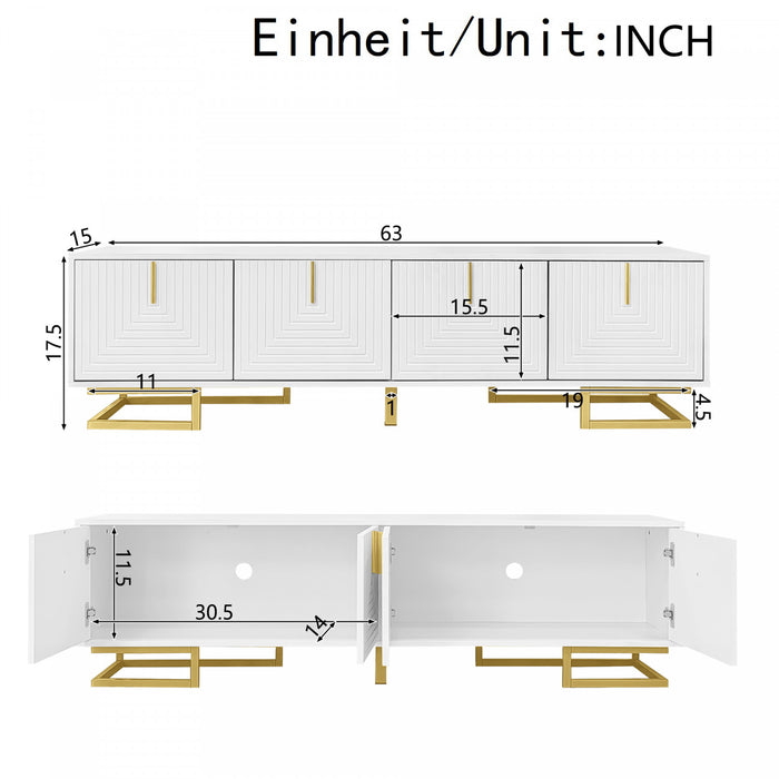 Aspect 63 Inch TV Stand with Textured Doors and Gold Legs, White