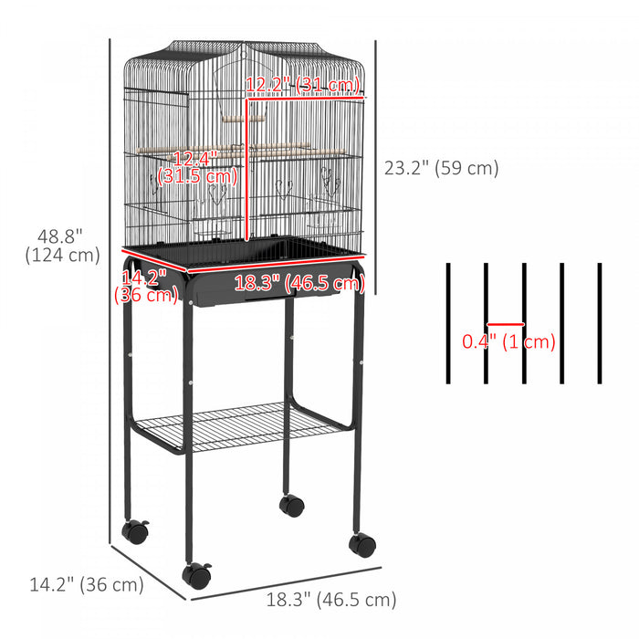 Pawhut 49\" Bird Cage For Finches, Canaries, Budgies, Parrot Cage With Accessories, Wheels, Detachable Stand, Storage, Black