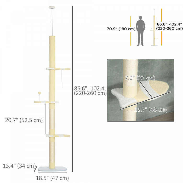 Pawhut Floor To Ceiling Cat Tree, 4-tier Cat Tower For Large Cats With Adjustable Height 87\"-102\", Sisal Scratching Posts, Anti-tip Kit, Perches, Toy Ball, Yellow