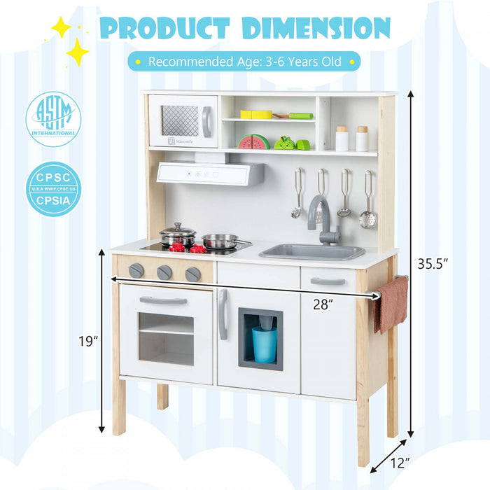 Costway Kids Kitchen Playset Wooden Pretend Play Chef Toy W/ Microwave & Accessories