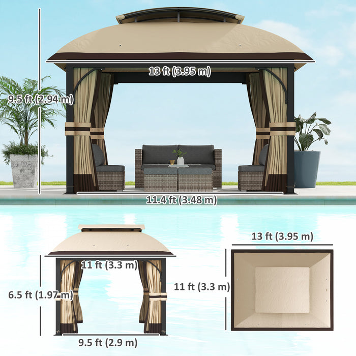 Outsunny 11' x 13' Double Roof Gazebo With Netting & Curtains, Khaki