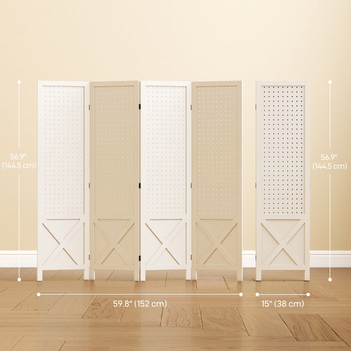 HOMCOM 56.9\" 4 Panel Room Divider with Pegboard Display for Indoor White