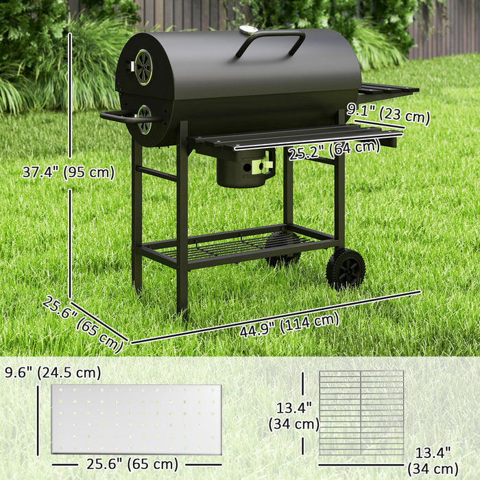Outsunny 29\" Charcoal BBQ Grill with Foldable Front Side Table, Barbecue Grill with Spacious Cooking Area, Shelf, Lid, Thermometer, Wheels for Outdoor Cooking, Patio Backyard Party