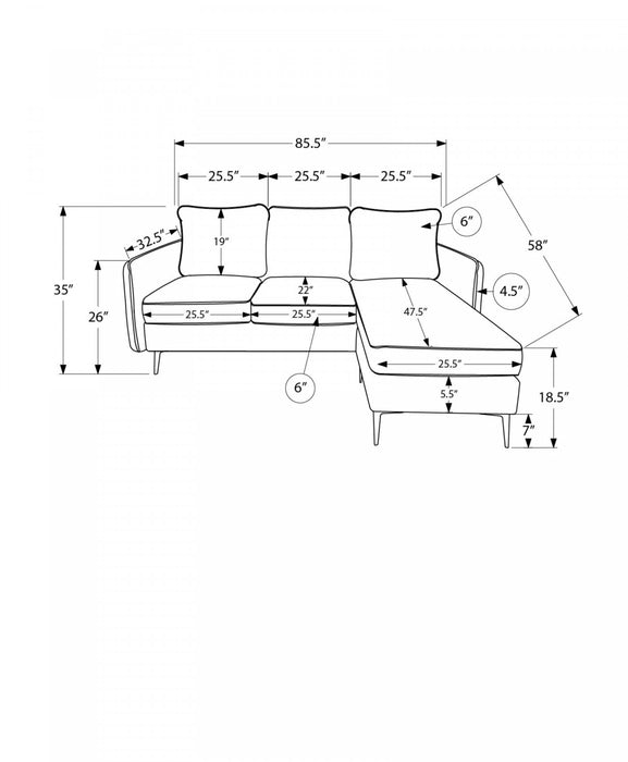 Upholstered Chaise Lounge Sofa Lounger, 85\" Wide, Grey Fabric, Black Metal Legs Sofa