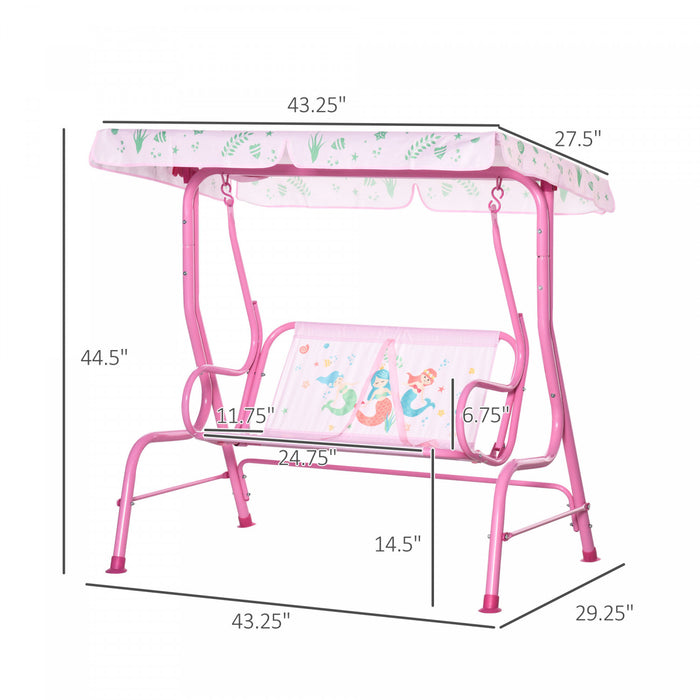 Outsunny 2-seat Kids Porch Swing Chair, Children Outdoor Patio Furniture Lounge Chair For Garden, With Adjustable Canopy, Seat Belt, Mermaid Pattern, For 3-6 Years Old, Pink