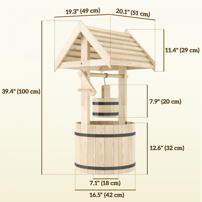 Outsunny Wishing Well Outdoor Wooden Planter with Hanging Bucket, Natural