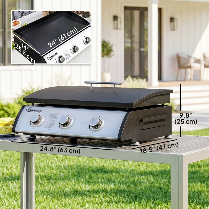 Outsunny Propane Gas Grill with 3 Main Burners, 8530 BTU Outdoor BBQ Grill Cart with Non-Stick Griddle and Lid for Camping Picnic Garden Party Festival, Black