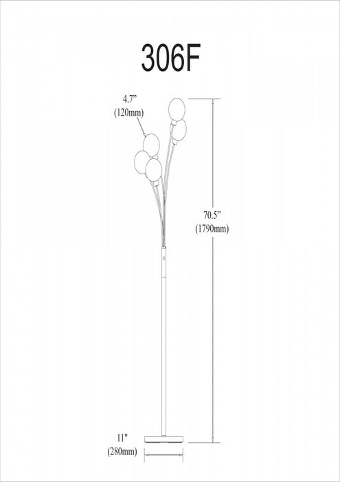 Dainolite Budding Branch 5 Light Floor Lamp Satin Chrome Finish White Glass