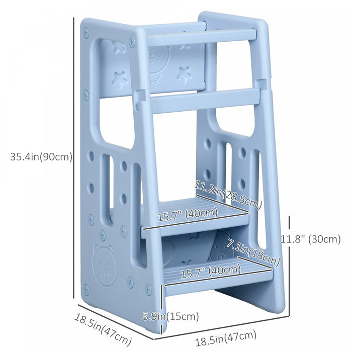 Qaba Toddler Kitchen Helper 2 Step Stool With Adjustable Height Platform And Safety Rail, Light Blue