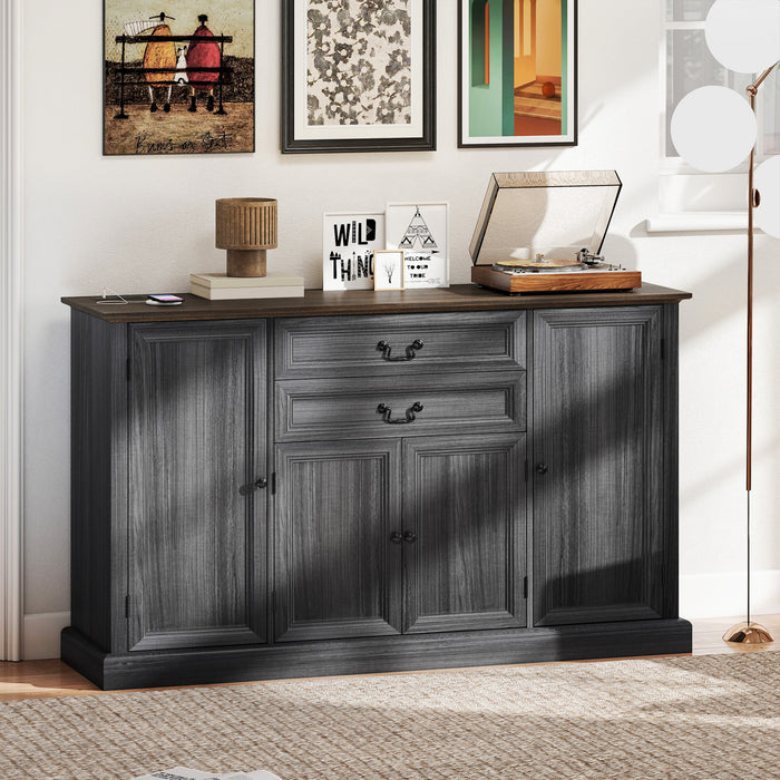 HOMCOM 58\" Farmhouse Sideboard Buffet Cabinet with Charging Station Black