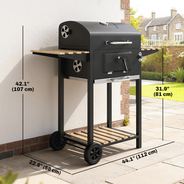 Outsunny Outdoor Charcoal BBQ Grill, Portable Barbecue Grill with Adjustable Charcoal Pan, Spacious Cooking Area, 3 Shelves, Thermometer, Wheels for Patio Backyard Party