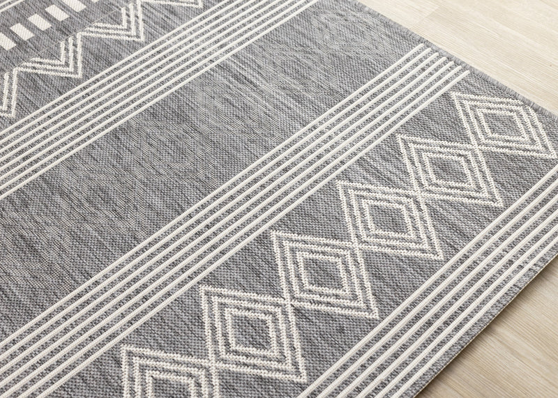 Jackson Grey White Patterned Rows Rug, 7'10\" x 10'6\" Outdoor Area Rug