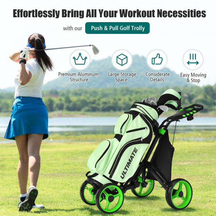 Goplus Folding 4 Wheels Golf Push Cart W/bag Scoreboard Adjustable Handle Green