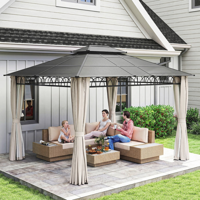 Outsunny 10' x 12' Double Roof Hardtop Gazebo with Curtains, Beige