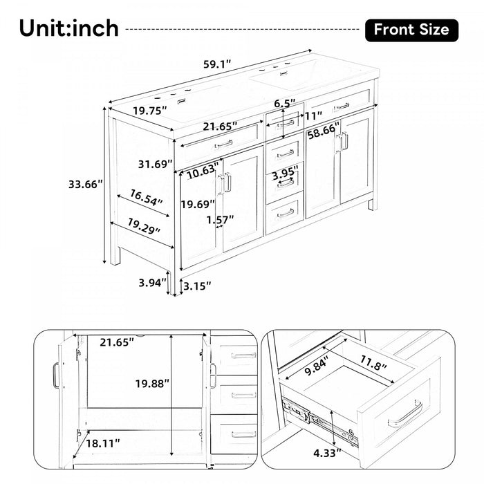 Dune 59 Inch Double Sink Bathroom Vanity with Resin Sinks and 4 Drawers, White