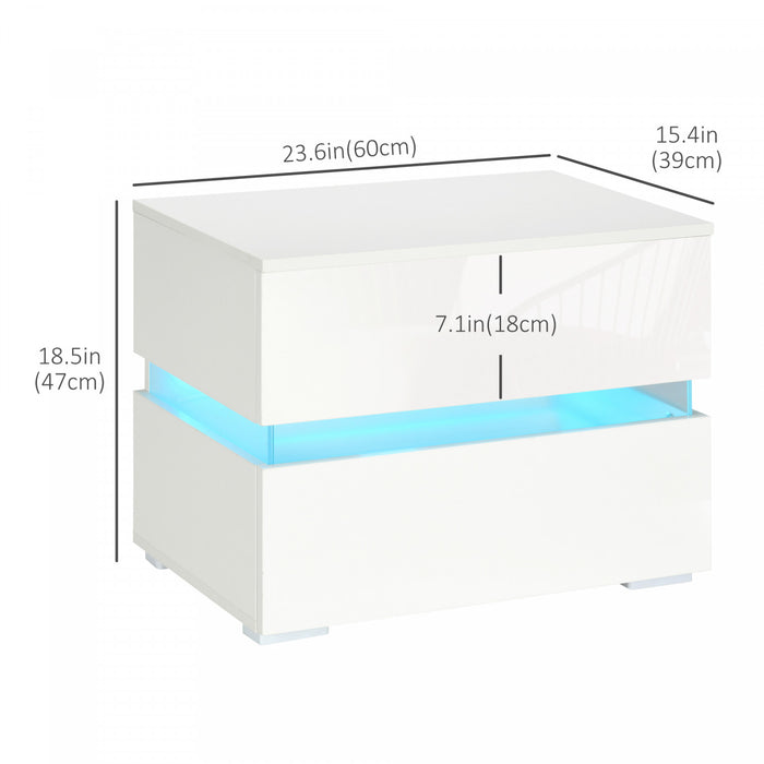 HOMCOM LED Nightstand Bedside Table with Drawers LED Light White