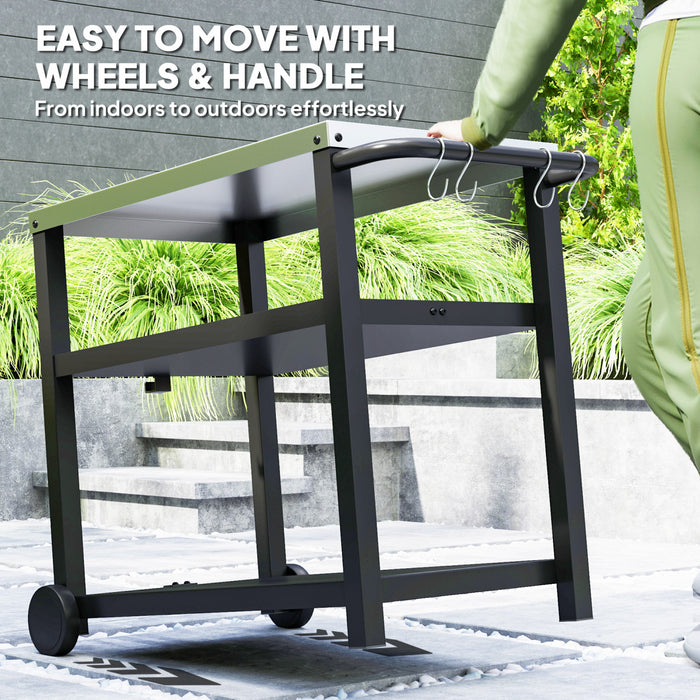 Outsunny 3-Shelf Outdoor Grill Dining Cart Pizza Oven Stand with Stainless Steel Top, Movable BBQ Food Prep Table Outdoor Kitchen Island with Hooks Wheels Handle, Charcoal Grey