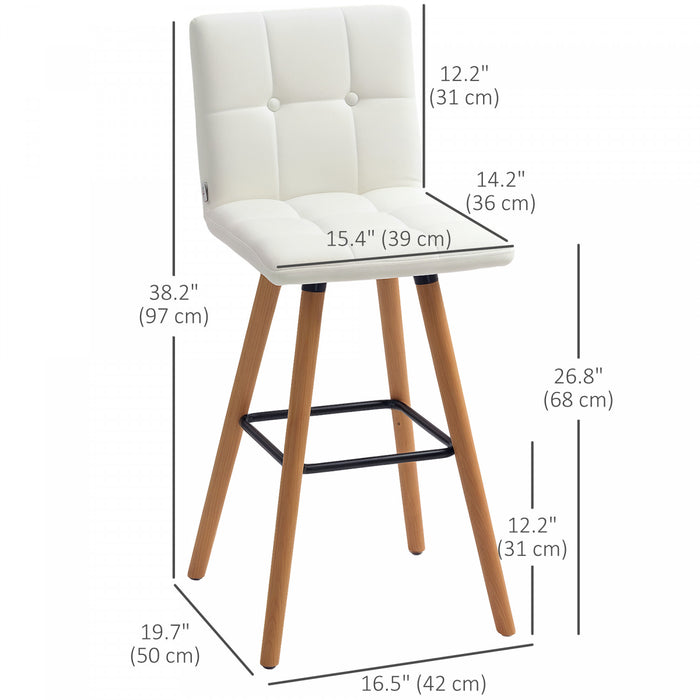 HOMCOM Bar Stool Set of 2 Upholstered Kitchen Stool w/ Wood Legs, White