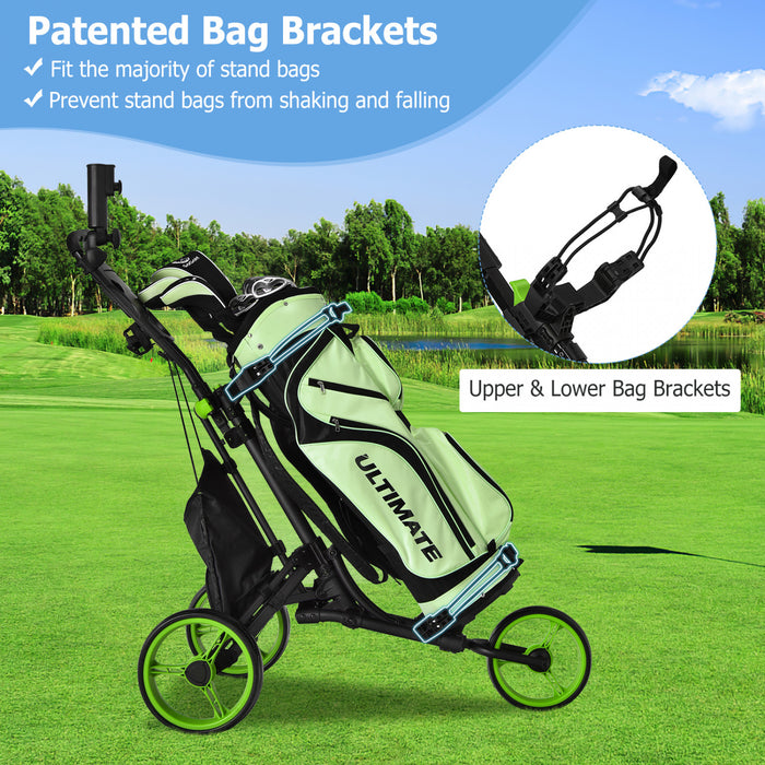 Goplus Folding 3 Wheels Golf Push Cart W/bag Scoreboard Adjustable Handle Green