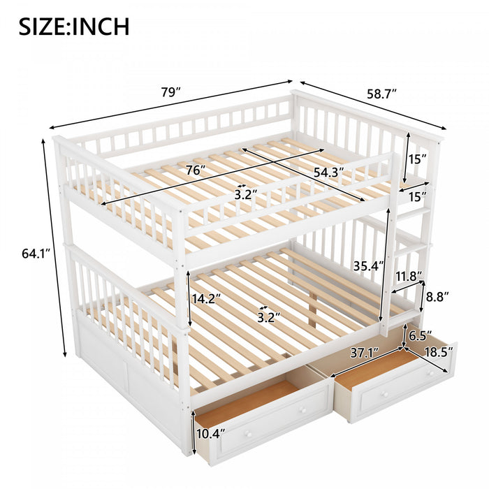 Brady Solid Wood Convertible Full Bunk Bed With Drawers, White