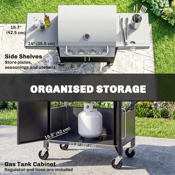 Outsunny 4+1 Burner Liquid Propane Gas Grill, 48,000 BTU Outdoor Portable BBQ Grill with Side Burner, Warming Rack, Side Shelf, Storage Cabinet, Thermometer, 4 Wheels, Silver