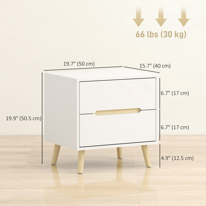 HOMCOM Nightstands Set of 2, Bedside Table w/ 2 Drawers and Wood Legs White