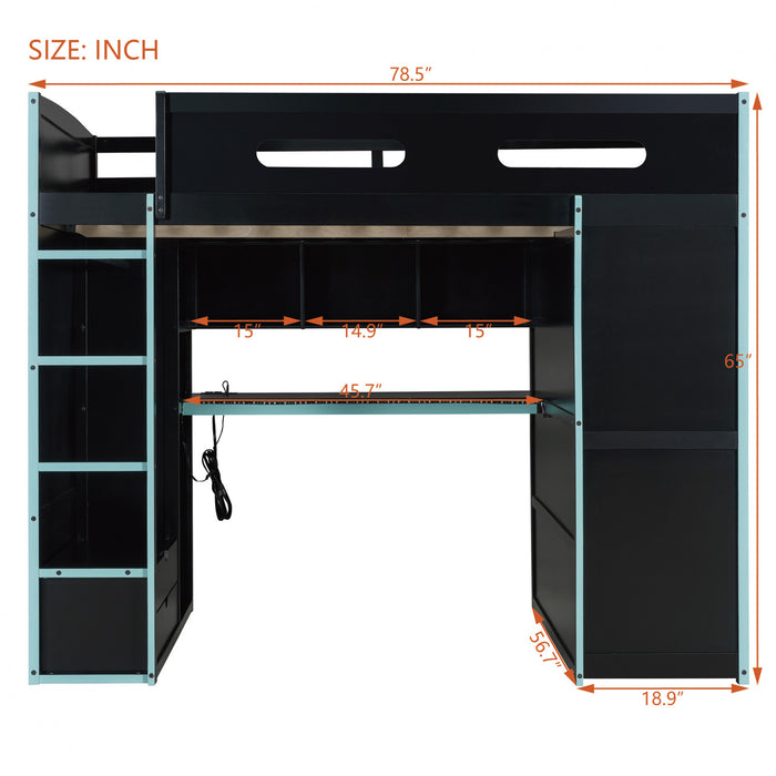 Jerry Wood Loft Bed with Desk and Storage,Full Size,Blue Full Bed