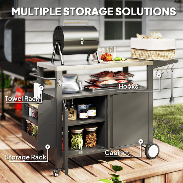 Outsunny Outdoor Grill Cart with Foldable Side Table, 37.8\" x 18.1\" Pizza Oven Stand with Stainless Steel Tabletop, Storage & Towel Rack, Hooks, Movable Food Prep Table on Wheels