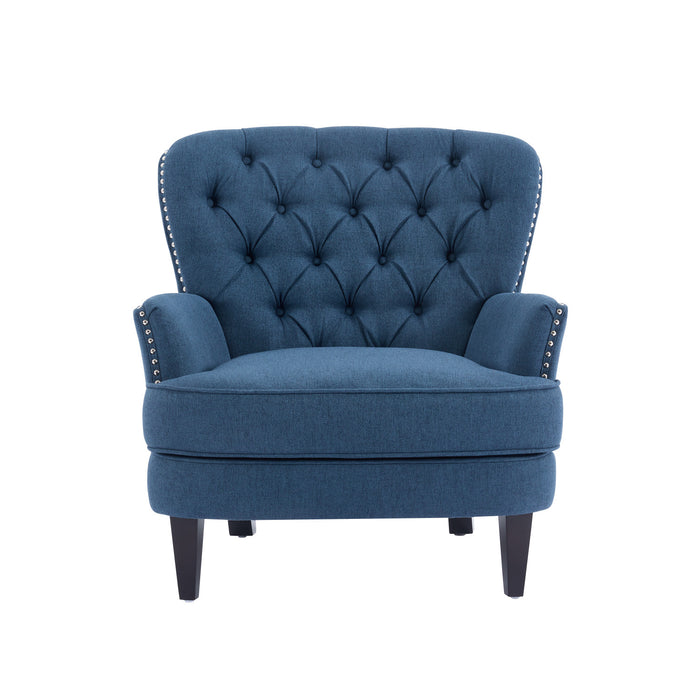 Arcadia Vintage-Inspired Lounge Chair with Nailhead Trim and Curved Backrest, Navy Blue