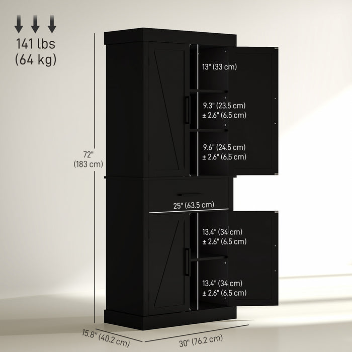 HOMCOM 72\" Tall Kitchen Pantry Storage Cabinet with Barn Doors, Black