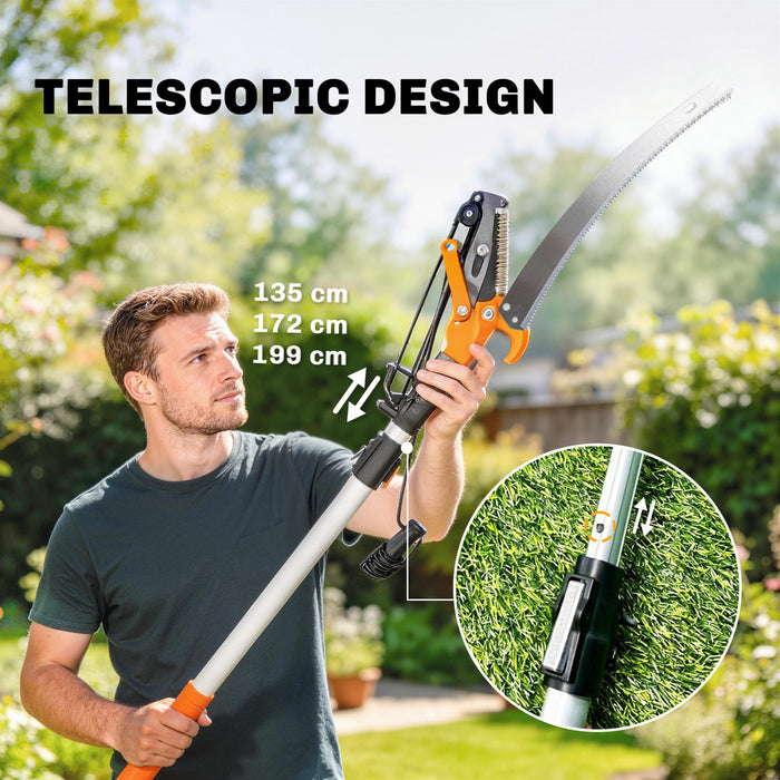 Outsunny 2-In-1 Manual Pole Saw, Hand Pruning Saw, Secateurs with Safety Lock, 6.5ft Aluminium Telescopic Pole Pruner with Sharp Blade for Palms, Shrubs, High Branches Trimming
