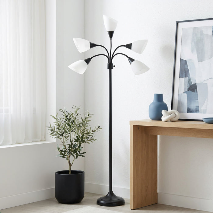 Skye 5 Light Adjustable Gooseneck Floor Lamp, Black & White, 67\"H