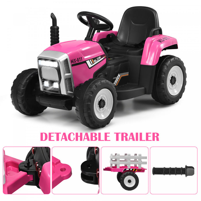 Costway 12v Kids Ride On Tractor With Trailer Ground Loader W/ Rc & Lights Pink
