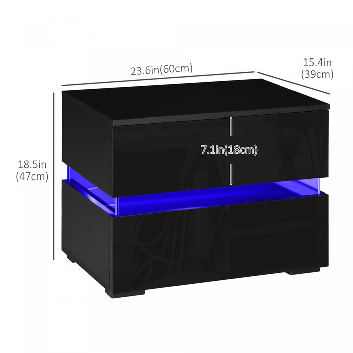 HOMCOM LED Nightstand Bedside Table with Drawers LED Light Black
