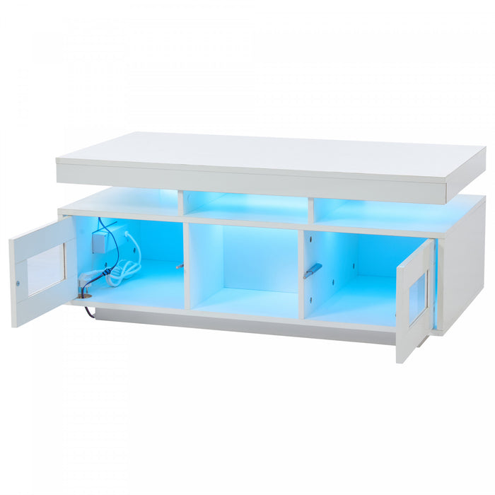 Lumina 39.3 Inch High-Gloss Coffee Table with LED Lights, USB Port and Transparent Doors, White