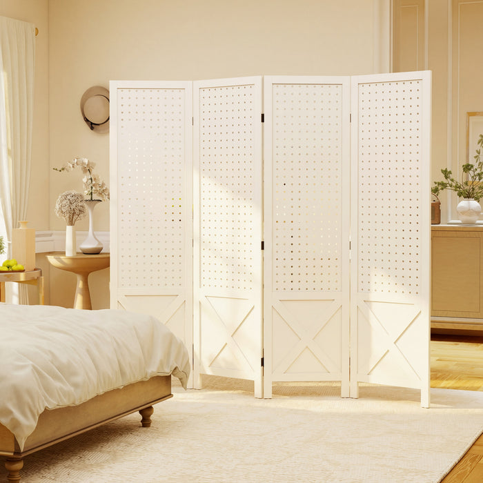 HOMCOM 56.9\" 4 Panel Room Divider with Pegboard Display for Indoor White