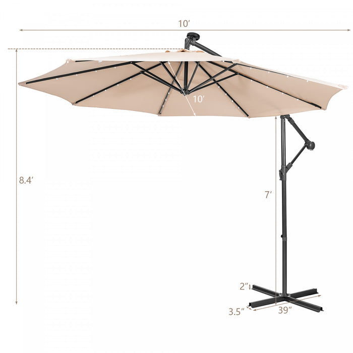 Costway 10FT Cantilever Solar Powered 32LED Lighted Patio Offset Umbrella Outdoor Beige