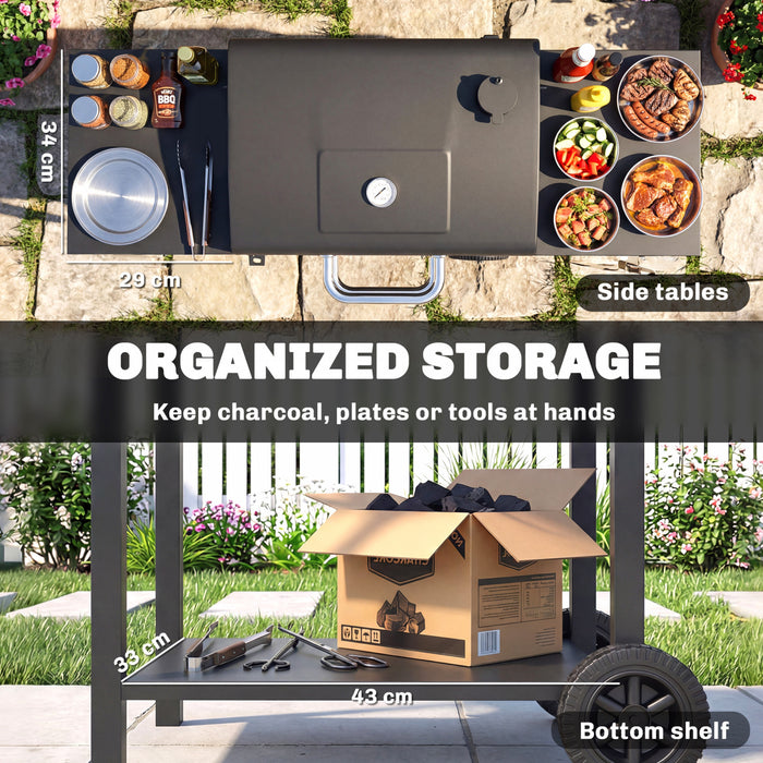 Outsunny Charcoal BBQ Grill with 2 Shelves, Barbecue Grill with Warming Rack, Lid Thermometer, Wheels for Outdoor Cooking, Patio Backyard Party, Black