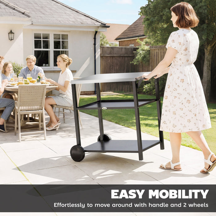 Outsunny Outdoor Grill Cart with Stainless Steel Tabletop for Food Prep, 3-Tier BBQ Stand, Pizza Oven Stand, Movable Food Prep Table and BBQ Cart on Wheels, Black