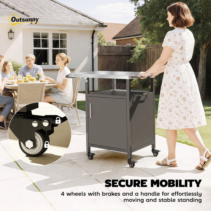 Outsunny Outdoor Grill Cart with Stainless Steel Tabletop for Kitchen Prep, Pizza Oven Stand with Cabinet, Spice Rack, Towel Holder, Bottle Opener, BBQ Stand on Wheels, Brown